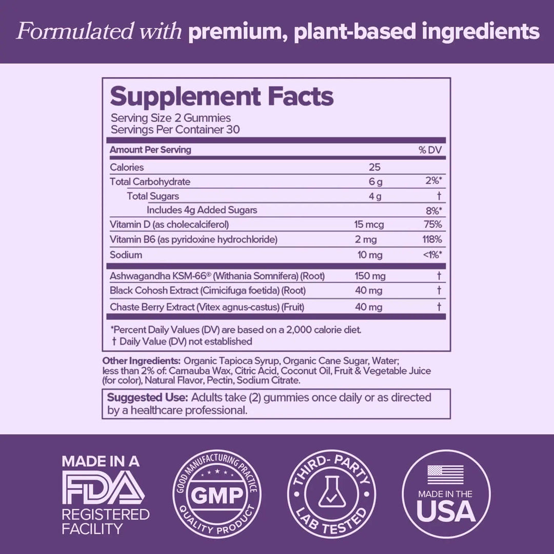Menopause Supplements with Black Cohosh &amp; Ashwagandha supplement facts, showing ingredients and nutritional information.