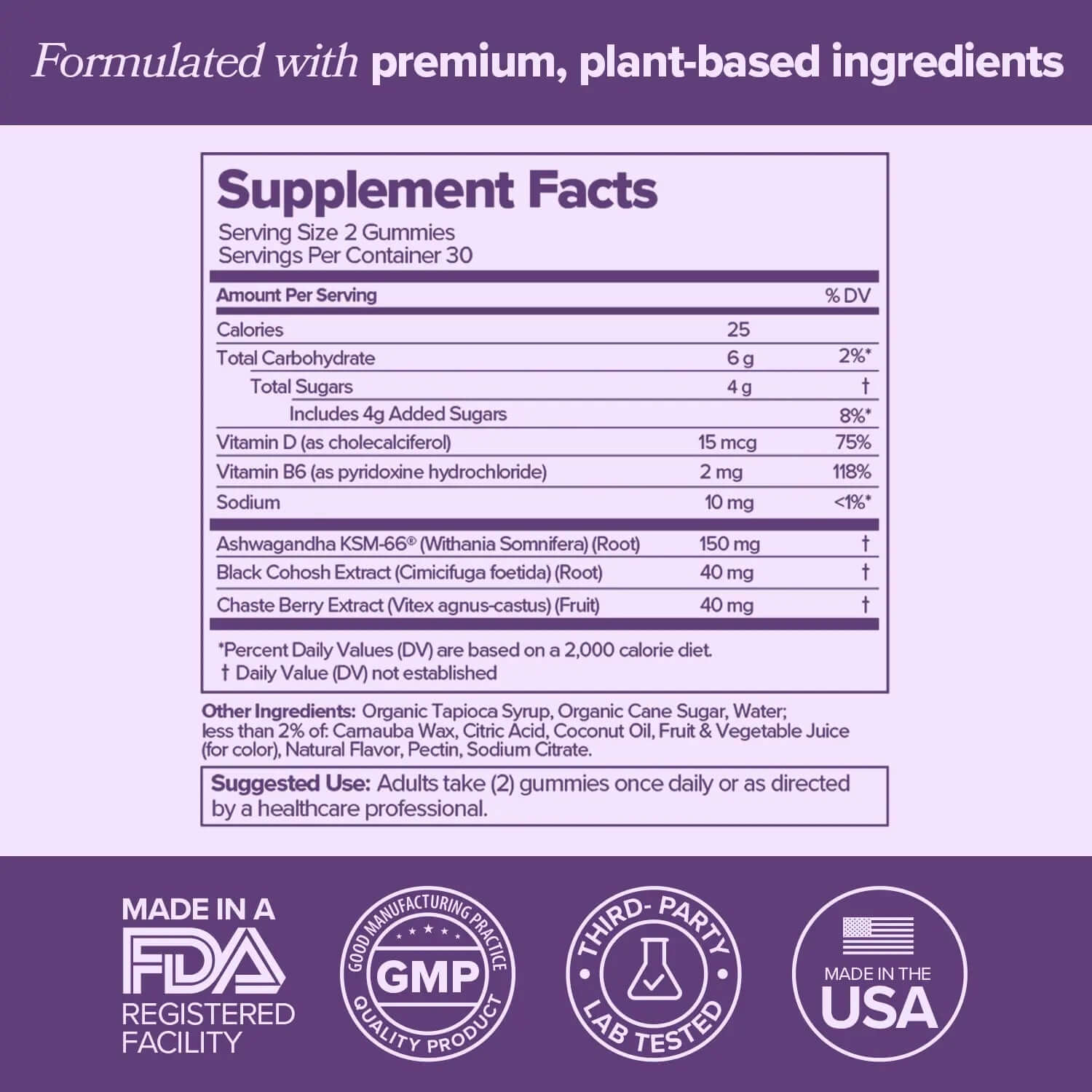 Menopause Supplements with Black Cohosh & Ashwagandha supplement facts, showing ingredients and nutritional information.