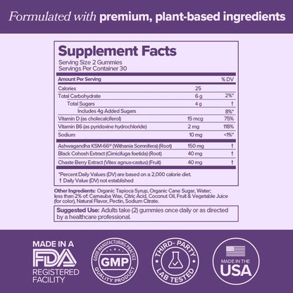 Menopause Supplements with Black Cohosh & Ashwagandha supplement facts, showing ingredients and nutritional information.