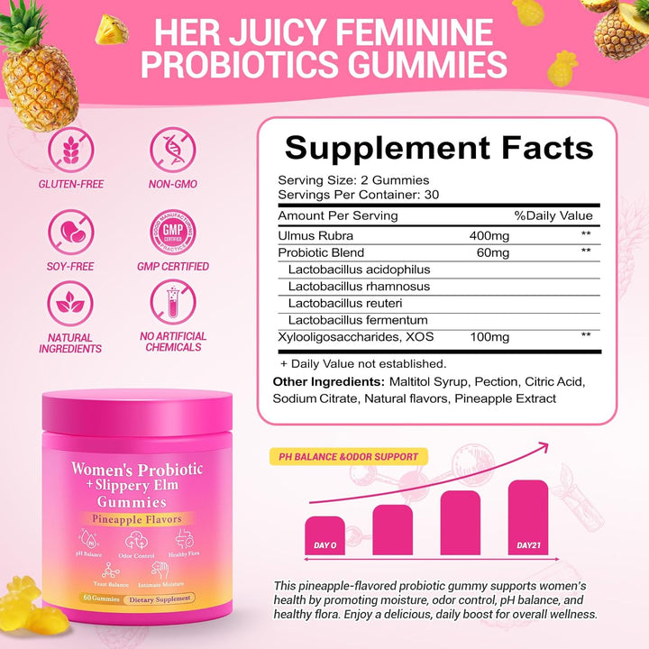 Her Juicy Feminine Probiotics Gummies, Premium Feminine Balance Probiotics with Slippery Elm for Women&