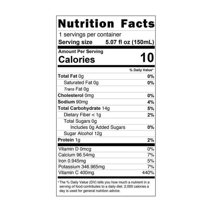 Nutrition facts label for Essential C’S Konjac Jelly Vitamin showing 10 calories per serving and high vitamin C content.