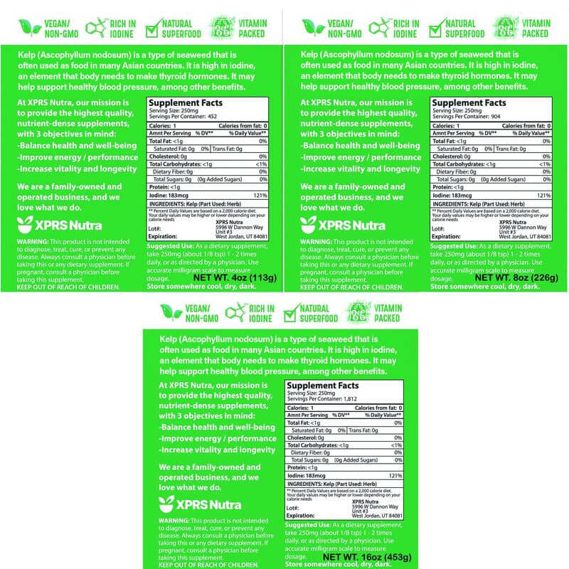 Organic Kelp Powder supplement labels showcasing nutritional benefits and information for healthy metabolism.