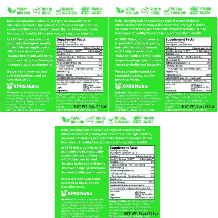 Organic Kelp Powder supplement labels showcasing nutritional benefits and information for healthy metabolism.