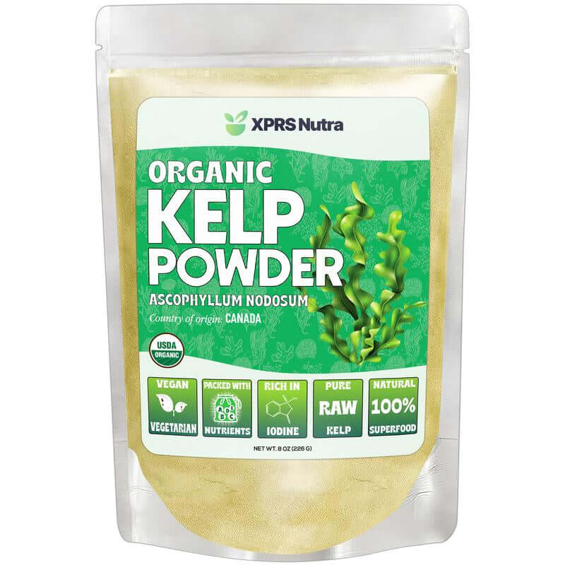 Organic Kelp Powder in eco-friendly packaging, nutritious seaweed for energy and thyroid support.