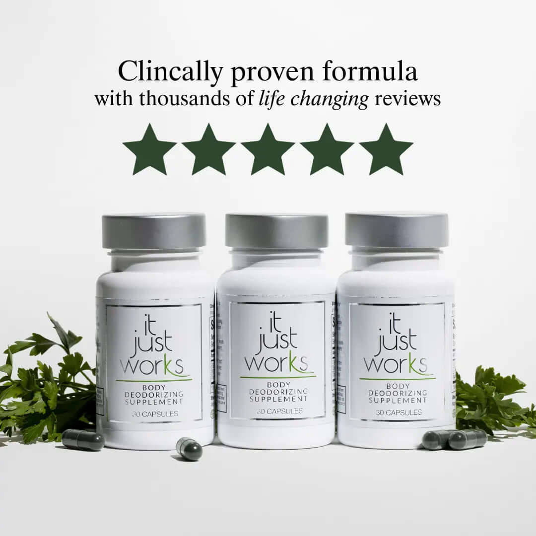 Deodorizing Supplement for Complete Body Care bottles with green herbs and positive reviews.