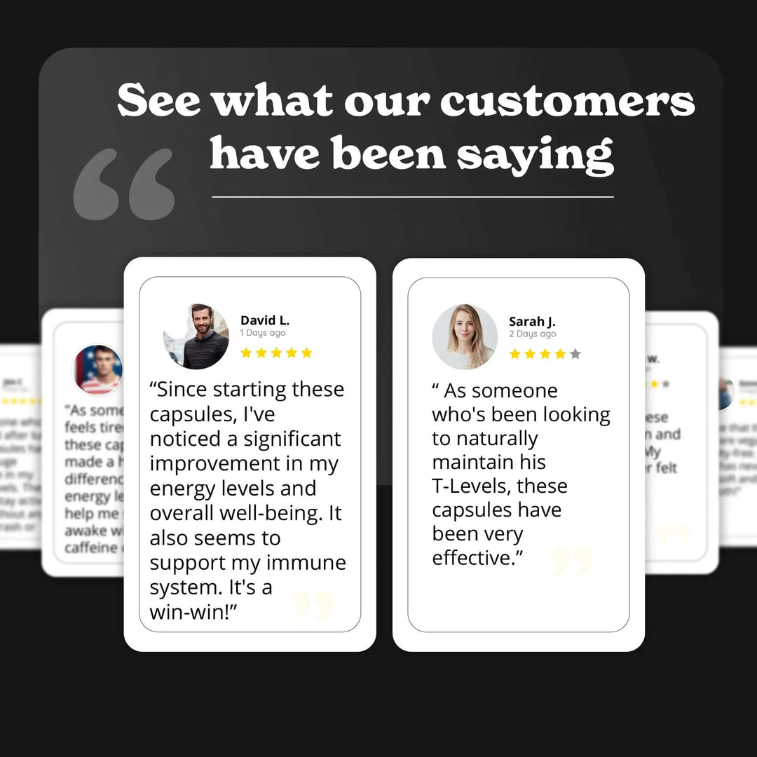 Customer testimonials for Himalayan Shilajit Sea Moss, Ashwagandha, Black Pepper reflecting energy and well-being improvement.