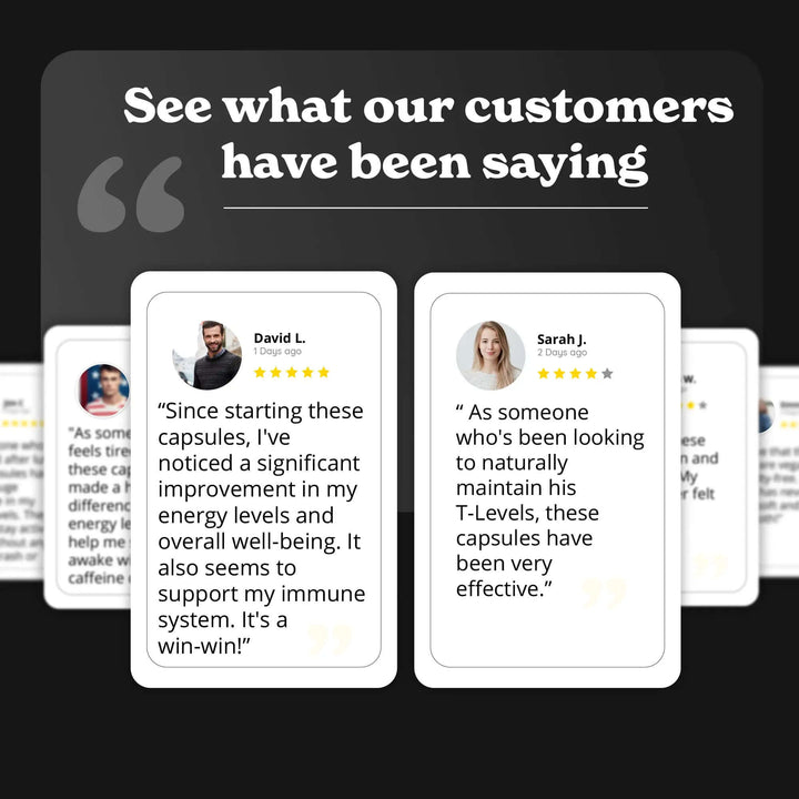 Customer testimonials for Himalayan Shilajit Sea Moss, Ashwagandha, Black Pepper reflecting energy and well-being improvement.