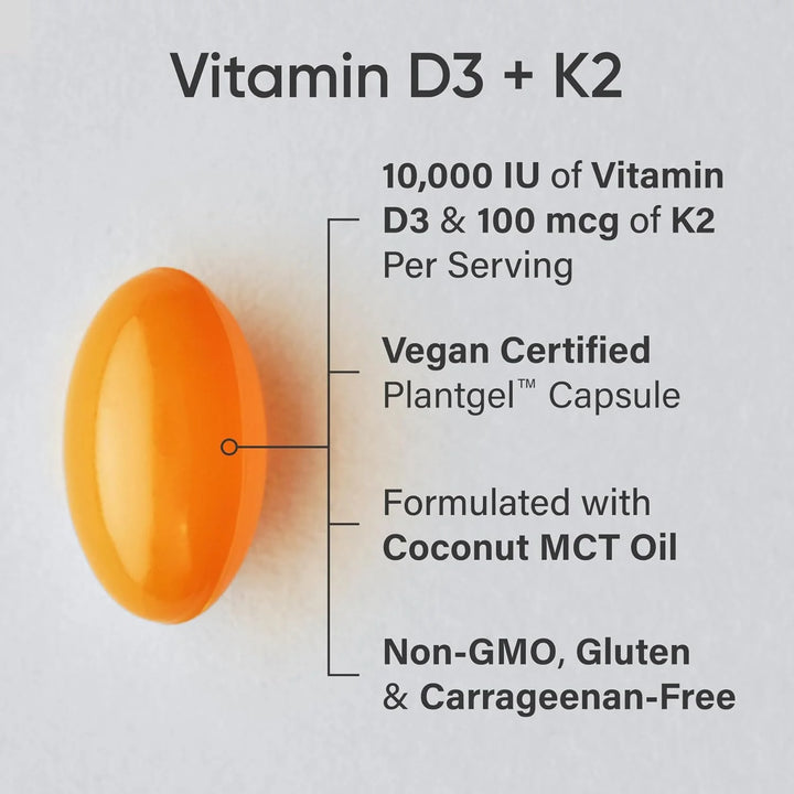 Sports Research® Vitamin D3 + K2 with 10,000Iu of Plant-Based D3 &amp; 100Mcg of Vitamin K2 as MK-7 | Non-Gmo Verified &amp; Vegan Certified 60Ct