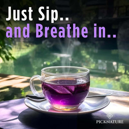 Organic Purple Hibiscus and Butterfly Pea Flower Tea in a clear cup on a saucer, surrounded by nature.
