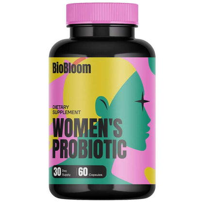 BioBloom Women's Probiotic dietary supplement bottle for gut health, promoting balance and digestive comfort.