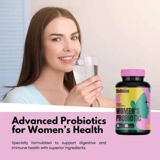 Woman enjoying a glass of water with Women's Probiotics supplement for digestive and immune health.