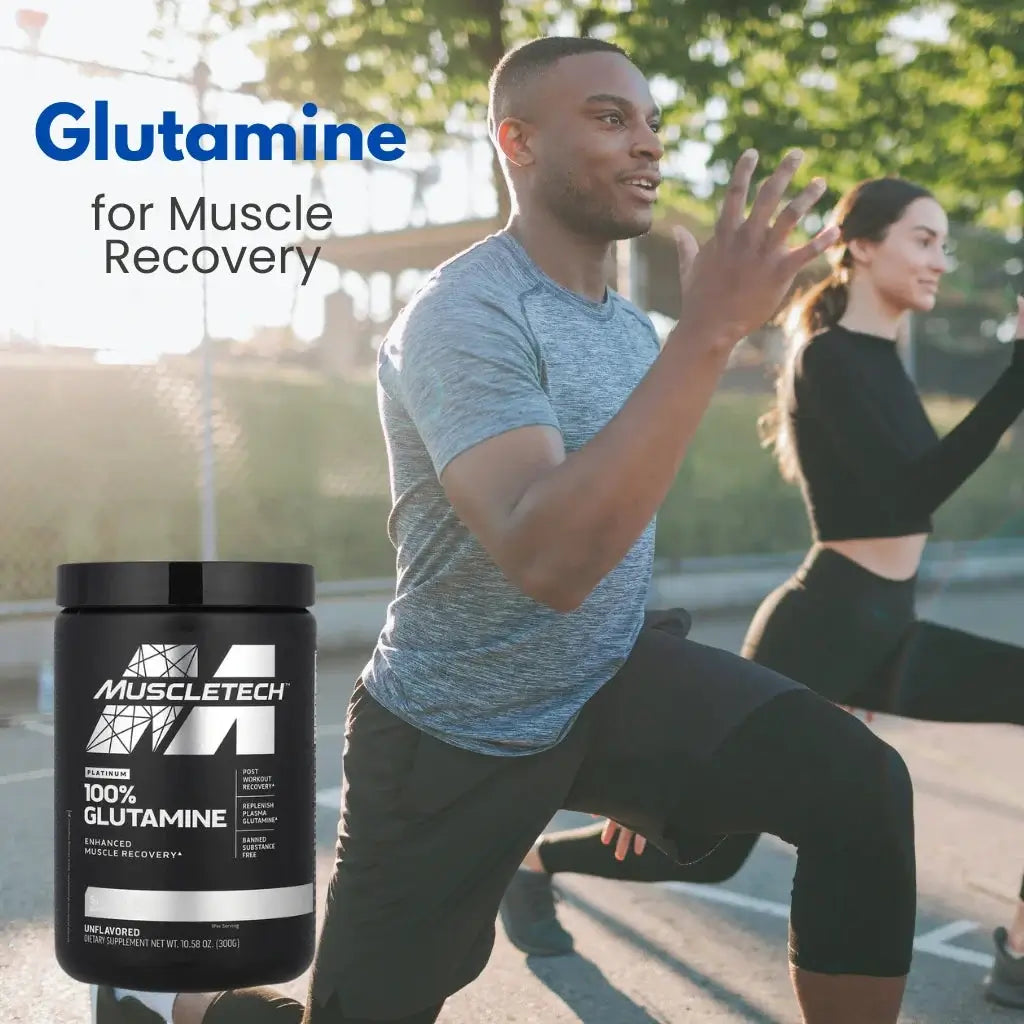 Platinum 100% Glutamine, Unflavored, 10.58 Oz (300 G) for muscle recovery during workout.