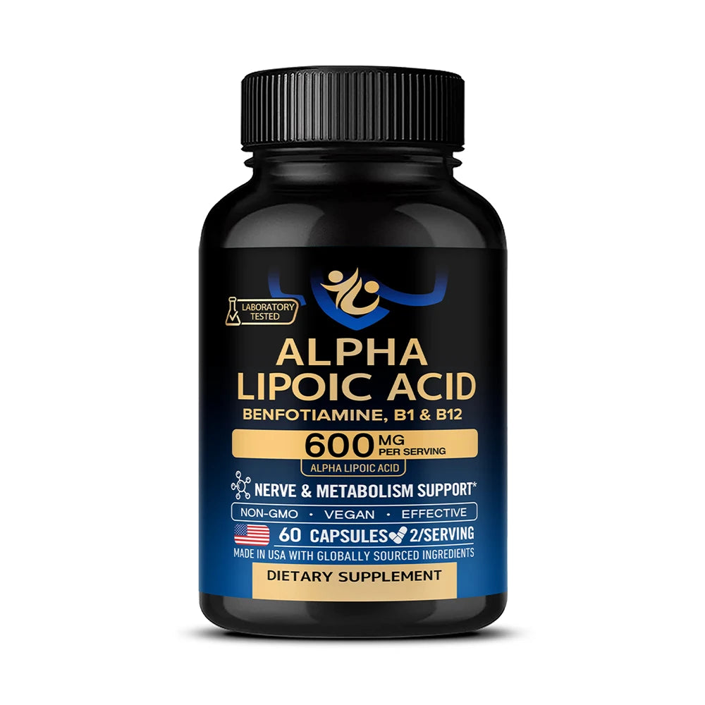 Alpha Lipoic Acid 600mg - for Nerve, Energy &amp; Metabolism Support, Extra Strength with Benfotiamine, B1 &amp; B12, NON-GMO &amp; Vegan