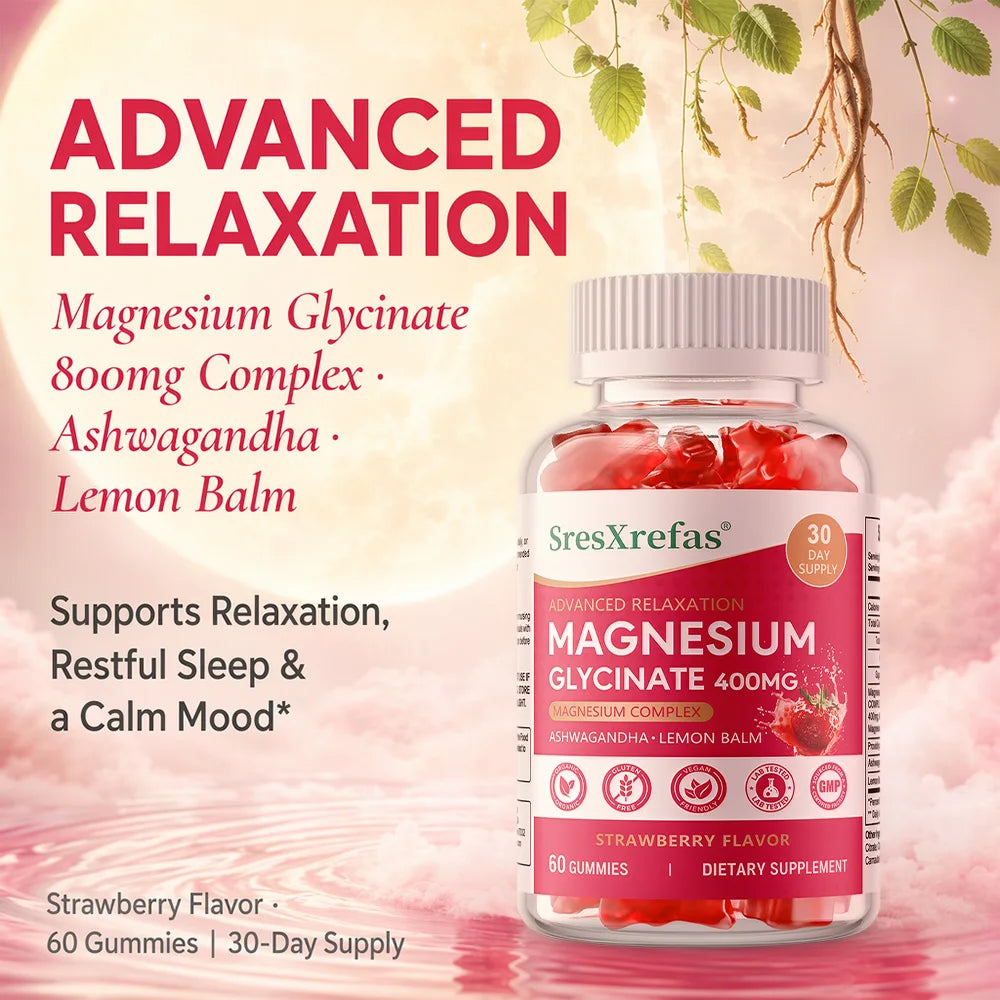 Magnesium Glycinate Gummies, Support Sleep &amp; Stress Relief, Relax Nerves, Improve Concentration, Strengthen Bone &amp; Brain Health
