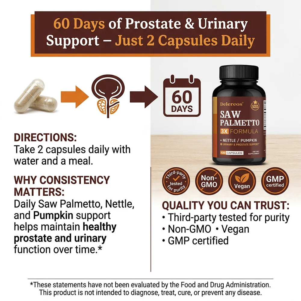 Saw Palmetto Capsules with Stinging Nettle, Promote Prostate Health,Reduce Baldness and Thinning Hair, Men’s Daily Wellness