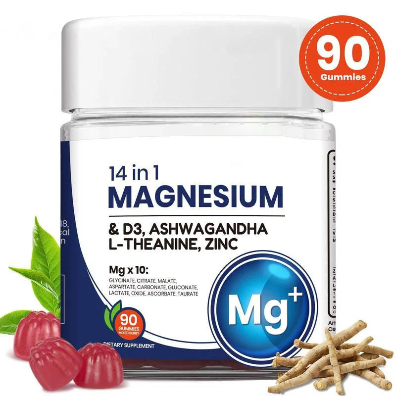 14 In 1 Magnesium Gummies with Ashwagandha, L-Theanine, D3 &amp; Zinc – Cortisol Supplements Promote Healthy Sleep