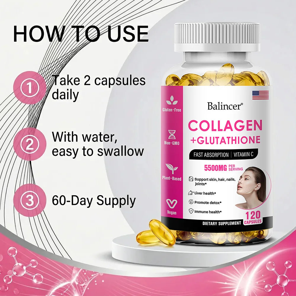 Glutathione Collagen Capsules, Antioxidant, Skin Whitening, Deeply Nourish Skin, Hair &amp; Nails, Support Anti-Aging &amp; Joint Health