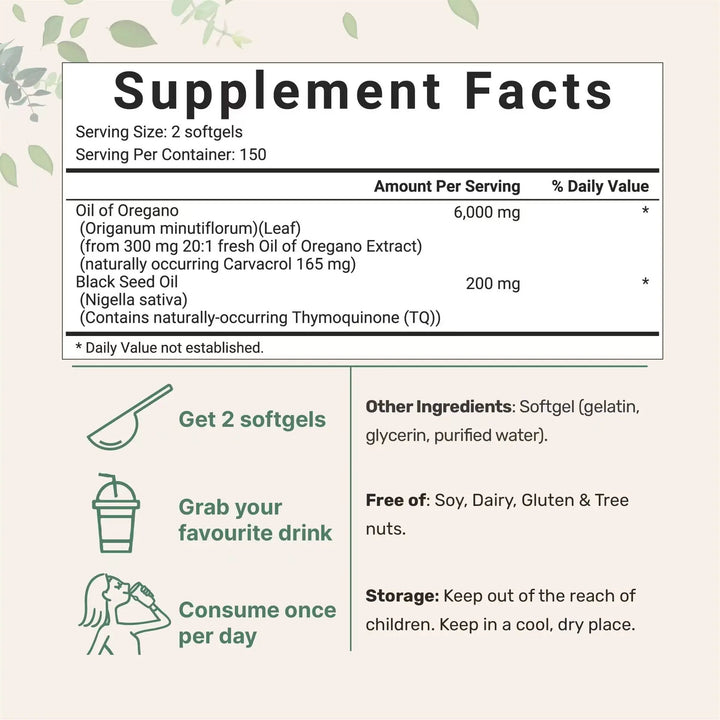 2 in 1 Oil of Oregano Softgels with Black Seed Oil Boosts Immunity Skin Health Capsules