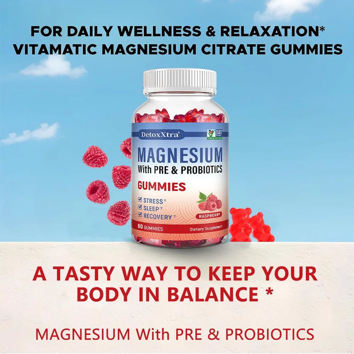 Magnesium Citrate Supplement Gummies with Prebiotics &amp; Probiotics for Stress, Sleep &amp; Recovery - Vegan, Gluten Free, Non-GMO