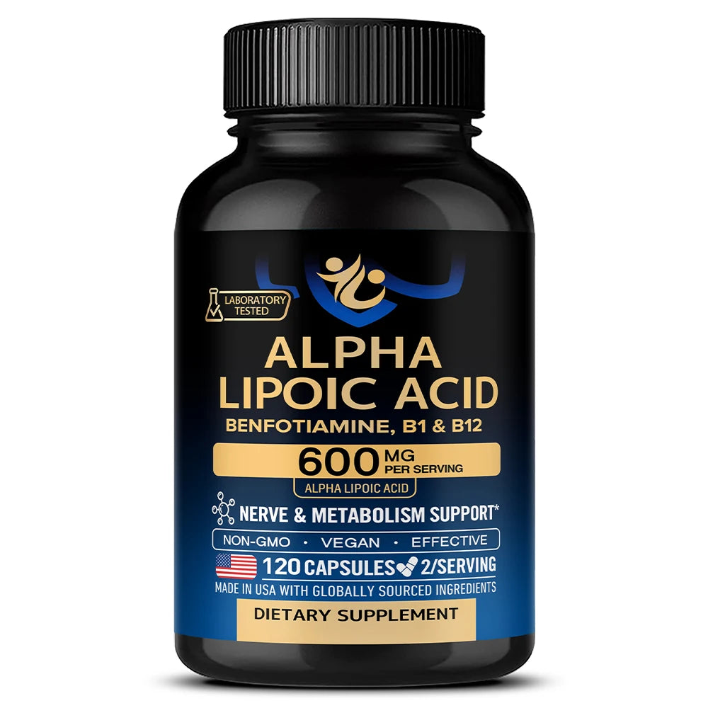 Alpha Lipoic Acid 600mg - for Nerve, Energy &amp; Metabolism Support, Extra Strength with Benfotiamine, B1 &amp; B12, NON-GMO &amp; Vegan