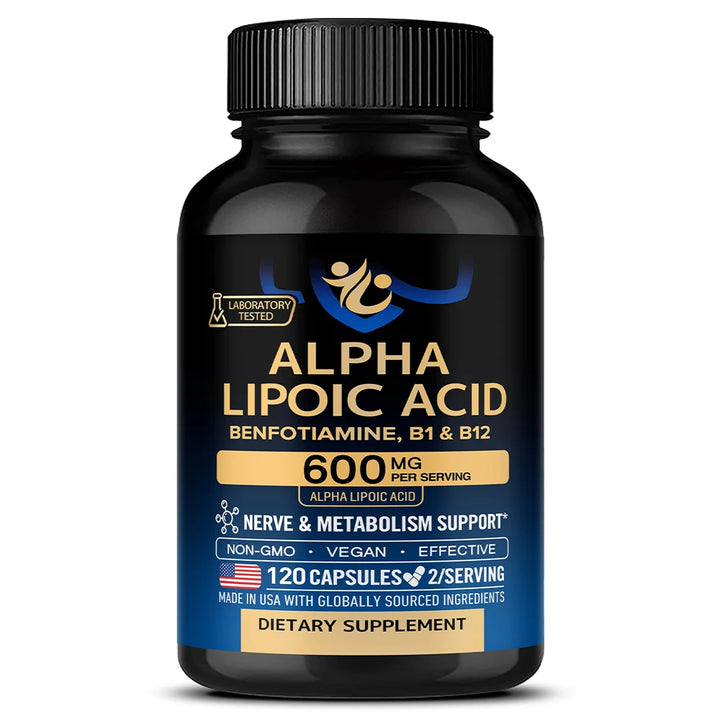 Alpha Lipoic Acid 600mg - for Nerve, Energy &amp; Metabolism Support, Extra Strength with Benfotiamine, B1 &amp; B12, NON-GMO &amp; Vegan