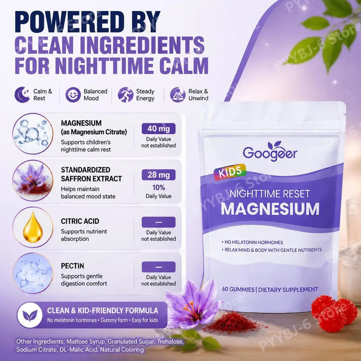 Googeer Magnesium Gummies with Saffron Extract Nighttime Relax Support Formula Magnesium Citrate 60Gummies Stress &amp;Sleep Support