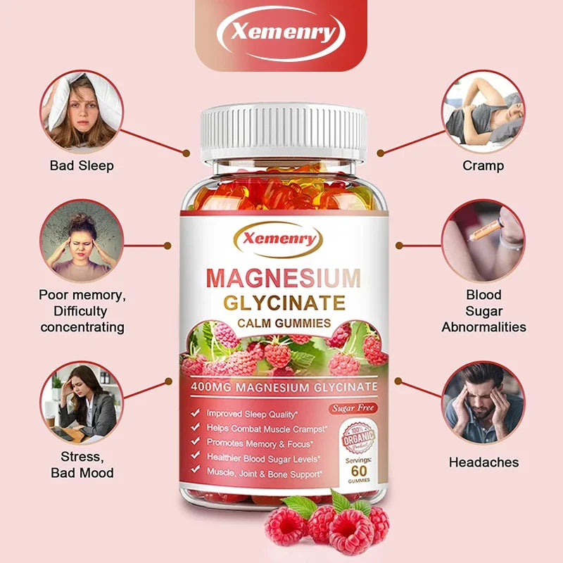 Magnesium Glycinate Gummies - Calm, Relieves Stress, Promotes Sleep, for Brain Health, Strengthen Muscles and Bones