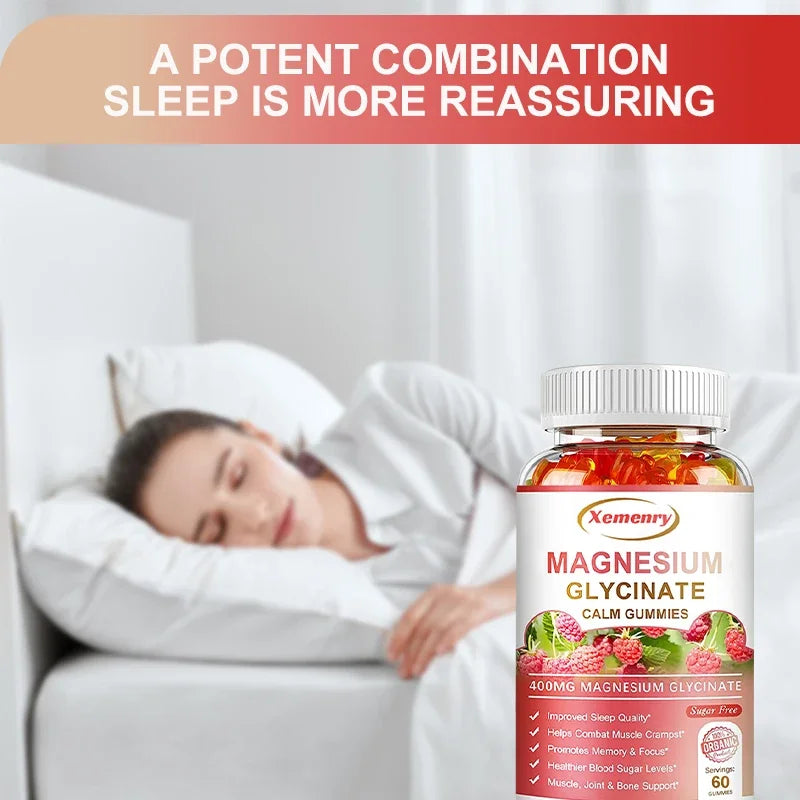 Magnesium Glycinate Gummies - Calm, Relieves Stress, Promotes Sleep, for Brain Health, Strengthen Muscles and Bones
