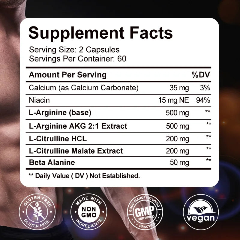 Nitric Oxide Booster,  Boosts Muscle, Energy and Endurance, Pre-Workout Performance &amp; Muscle Mass, L-arginine Supplement