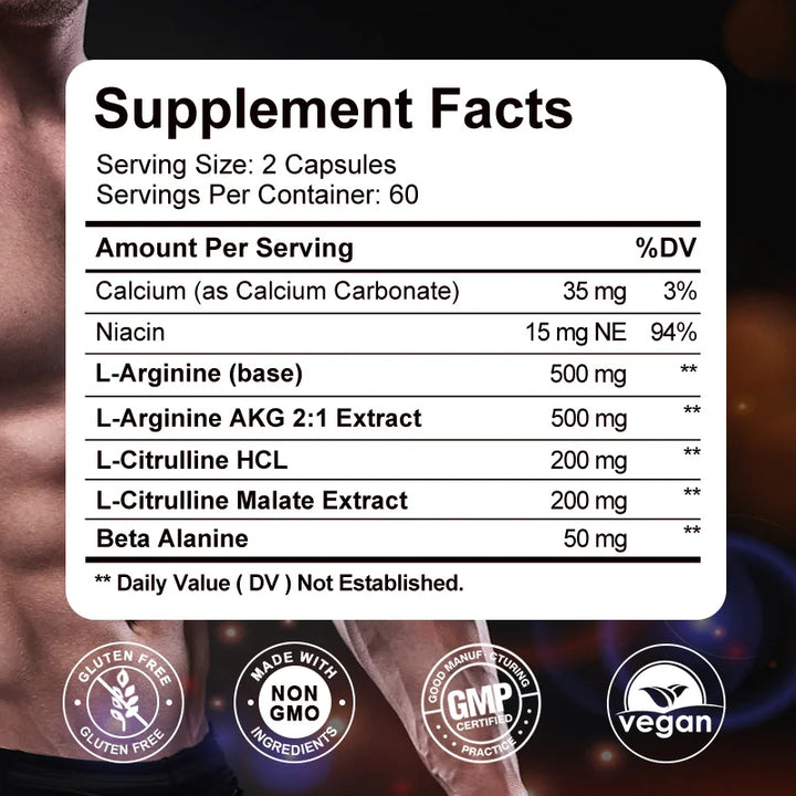 Nitric Oxide Booster,  Boosts Muscle, Energy and Endurance, Pre-Workout Performance &amp; Muscle Mass, L-arginine Supplement
