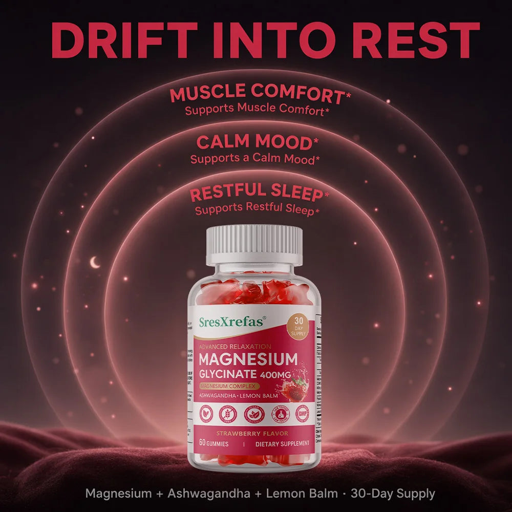 Magnesium Glycinate Gummies, Support Sleep &amp; Stress Relief, Relax Nerves, Improve Concentration, Strengthen Bone &amp; Brain Health