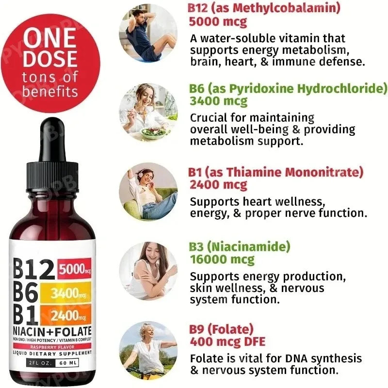 5-in-1 Vitamin B Complex Liquid Drops – B12, B6, B1 &amp; Folate