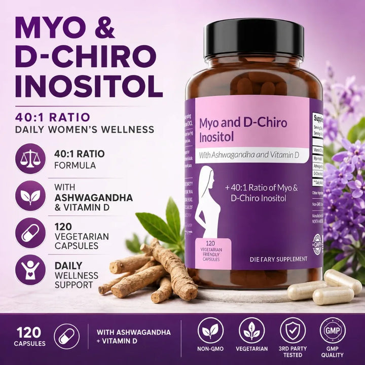 40:1 Myo-Inositol and D-Chiro Inositol Capsules, Vitamin D3 Ashwagandha, 120 Count Daily Wellness Supplement