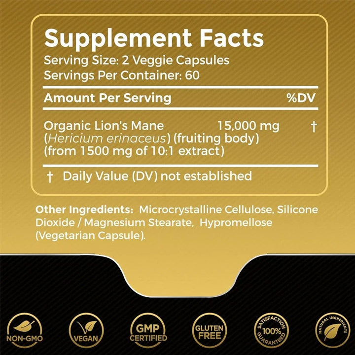 Lion’s Mane Mushroom Capsules – Memory &amp; Focus Support, 60 Capsules