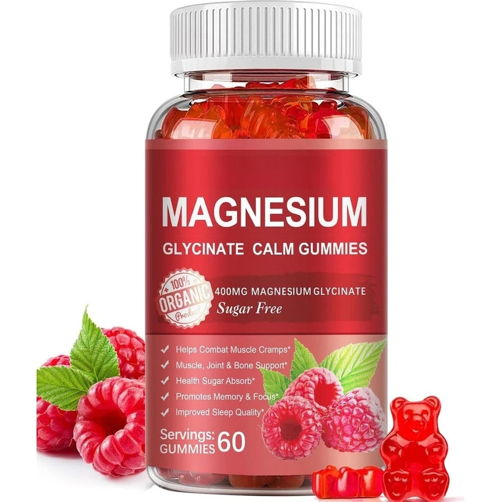 Magnesium Glycinate Gummies Sugar Free Vegan Raspberry Calm Sleep and Memory Support with Vitamin D3 and B6 CoQ10 60 Gummies