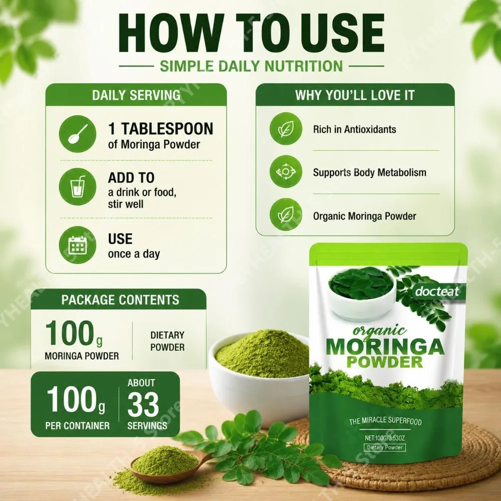 Organic Moringa Powder – Antioxidant &amp; Daily Wellness Support 100g