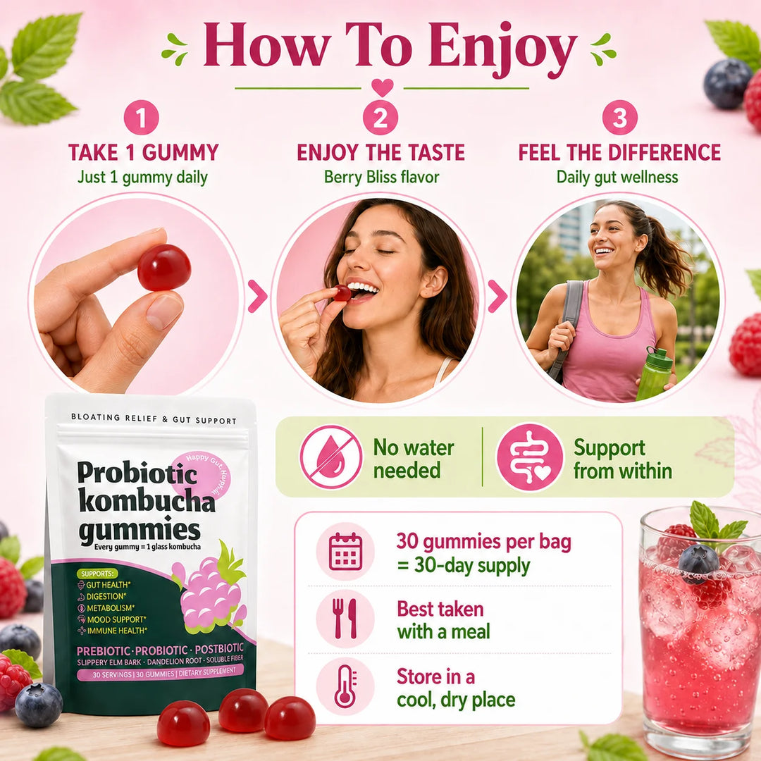 Probiotic Kombucha Gummies – Berry, Prebiotic &amp; Postbiotic
