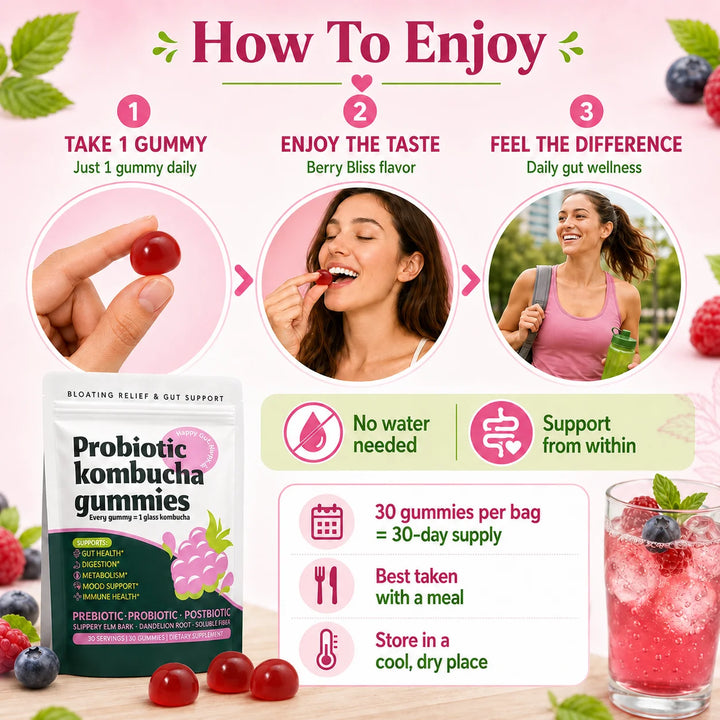 Probiotic Kombucha Gummies – Berry, Prebiotic &amp; Postbiotic