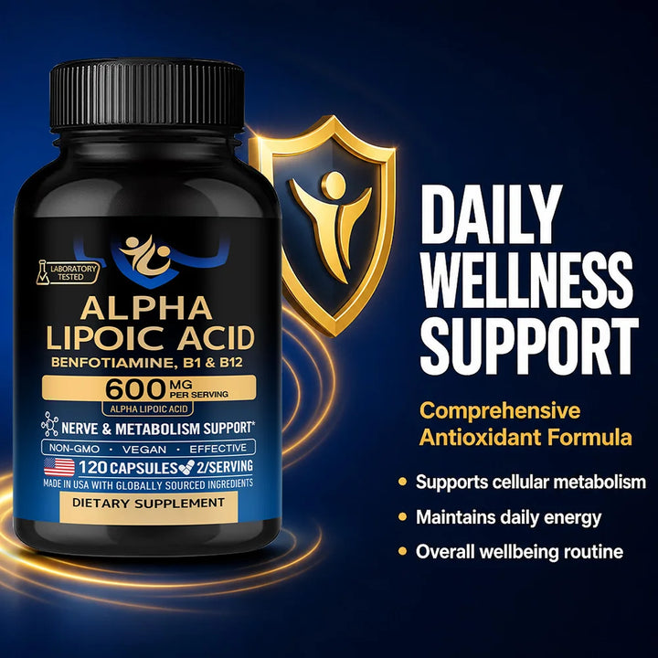 Alpha Lipoic Acid 600mg - for Nerve, Energy &amp; Metabolism Support, Extra Strength with Benfotiamine, B1 &amp; B12, NON-GMO &amp; Vegan