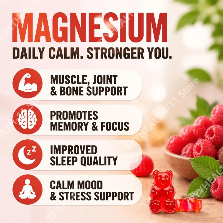 Magnesium Glycinate Gummies Sugar Free Vegan Raspberry Calm Sleep and Memory Support with Vitamin D3 and B6 CoQ10 60 Gummies