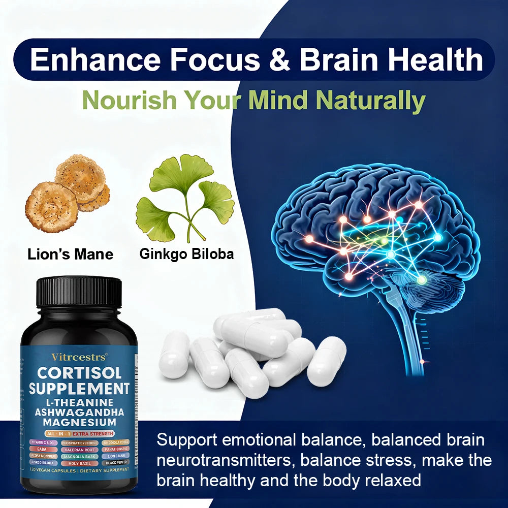 Cortisol Support Supplement - Magnesium, Supports Stress Relief, Calm Mood, Relaxation, Restful Sleep, Focus &amp; Adrenal Health