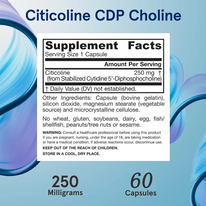 CDP Choline Capsules, 250mg Dietary Supplements for Memory and Brain Health, 60 Vegetarian Capsules Non GMO, Gluten Free