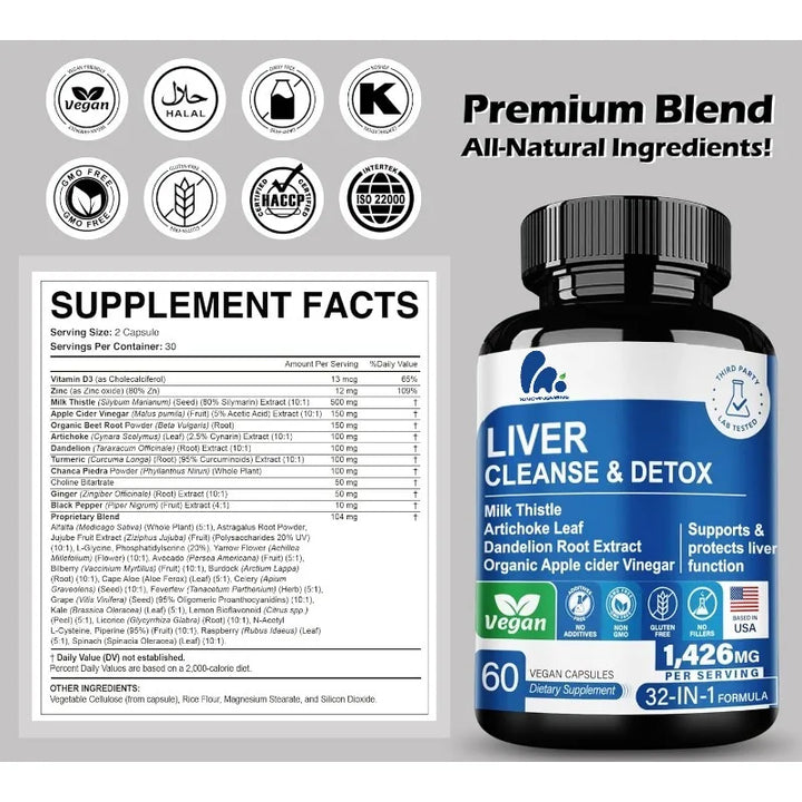 32 in 1 liver cleansing and repair, containing apple cider vinegar, milk thistle, thistle, dandelion root capsules
