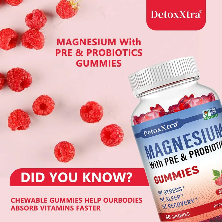 Magnesium Citrate Supplement Gummies with Prebiotics &amp; Probiotics for Stress, Sleep &amp; Recovery - Vegan, Gluten Free, Non-GMO
