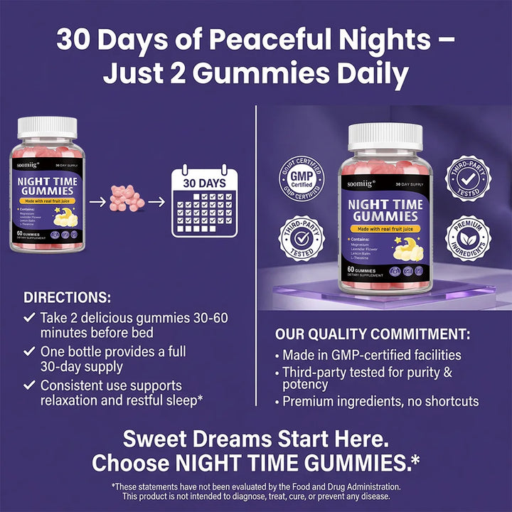 Night Time Sleep Gummies - Enriched with Vitamin B6 and Magnesium - VEGAN | NON-GMO - High Strength for Adults