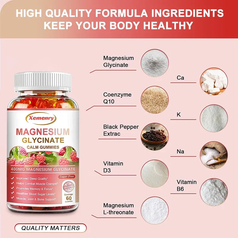Magnesium Glycinate Gummies - Calm, Relieves Stress, Promotes Sleep, for Brain Health, Strengthen Muscles and Bones