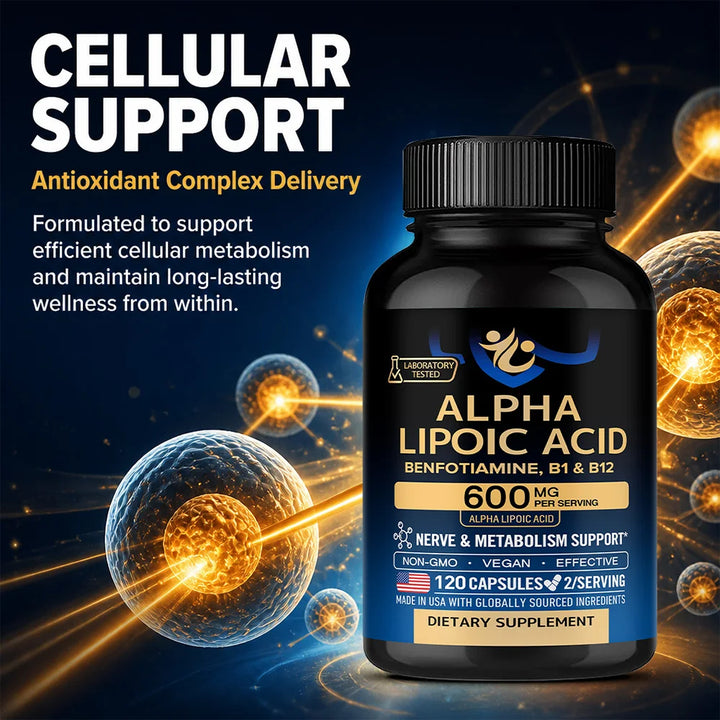 Alpha Lipoic Acid 600mg - for Nerve, Energy &amp; Metabolism Support, Extra Strength with Benfotiamine, B1 &amp; B12, NON-GMO &amp; Vegan