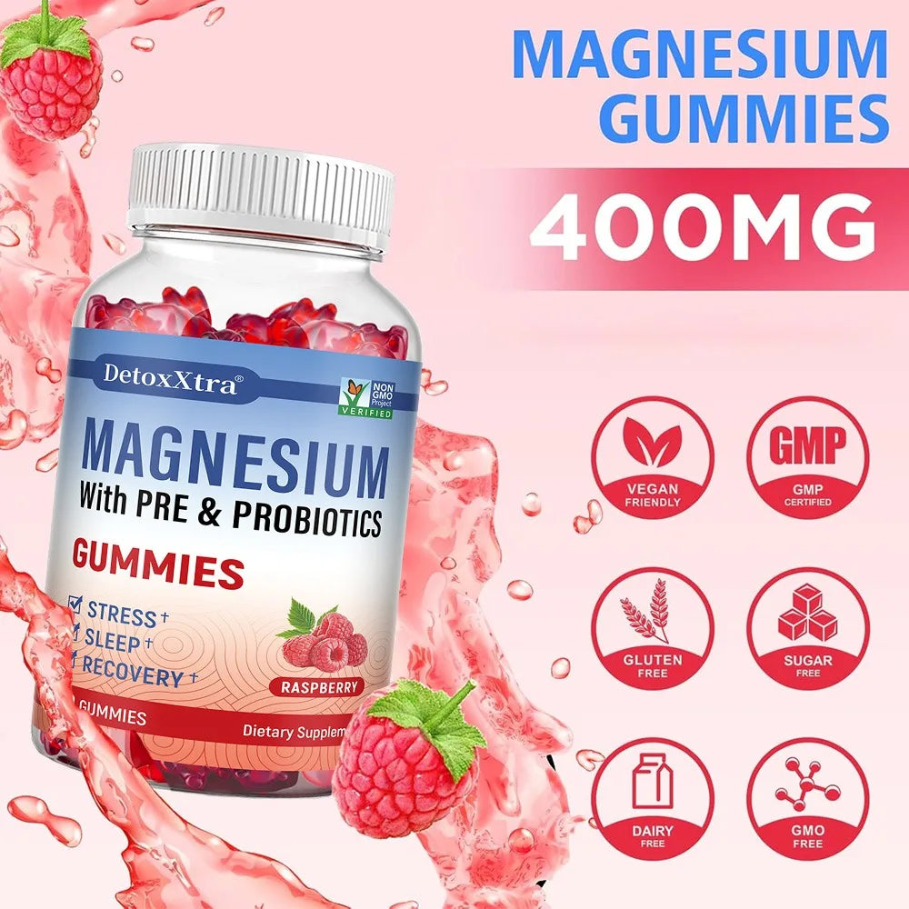 Magnesium Citrate Supplement Gummies with Prebiotics &amp; Probiotics for Stress, Sleep &amp; Recovery - Vegan, Gluten Free, Non-GMO