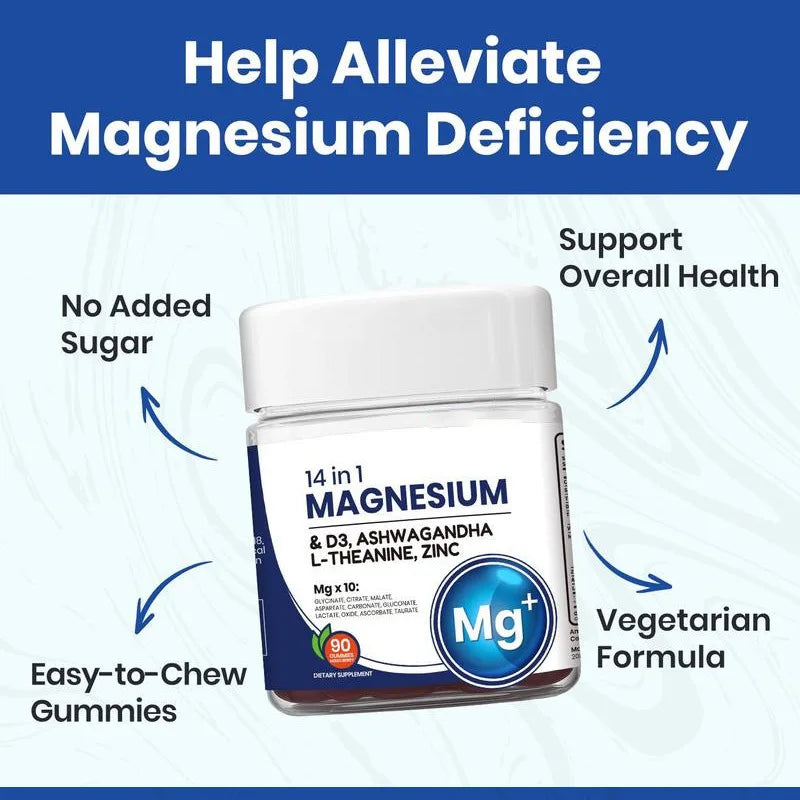 14 In 1 Magnesium Gummies with Ashwagandha, L-Theanine, D3 &amp; Zinc – Cortisol Supplements Promote Healthy Sleep
