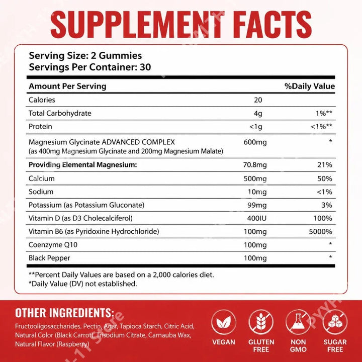 Magnesium Glycinate Gummies Sugar Free Vegan Raspberry Calm Sleep and Memory Support with Vitamin D3 and B6 CoQ10 60 Gummies